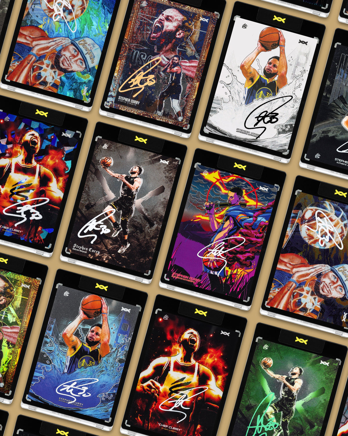 Stephen Curry signing collectible trading cards during authentication process