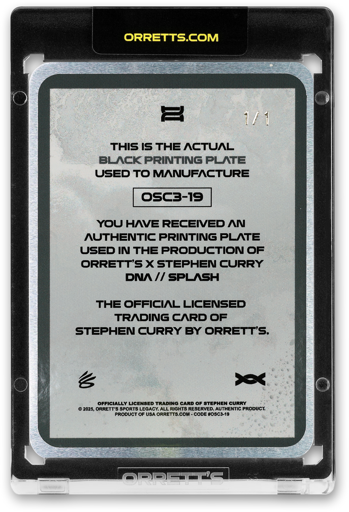 STEPHEN CURRY  - ICDAT - SPLASH - DNA - BLACK PRINTING PLATE - LE/1 - ORRETT’S