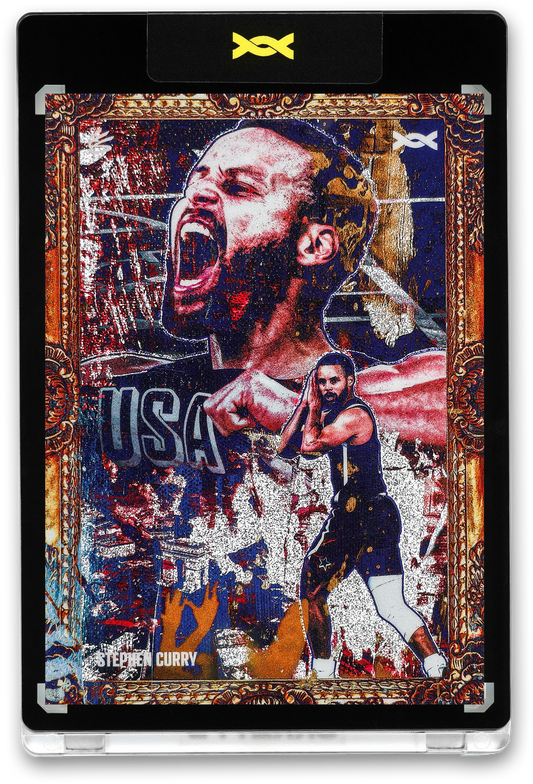Stylized trading card artwork featuring a bearded basketball player in a USA uniform, with a large portrait of him shouting in the background and a smaller action pose of him preparing to shoot in the foreground. The design includes bold red, white, and blue paint splashes, “USA” text, and an ornate gold frame border.
