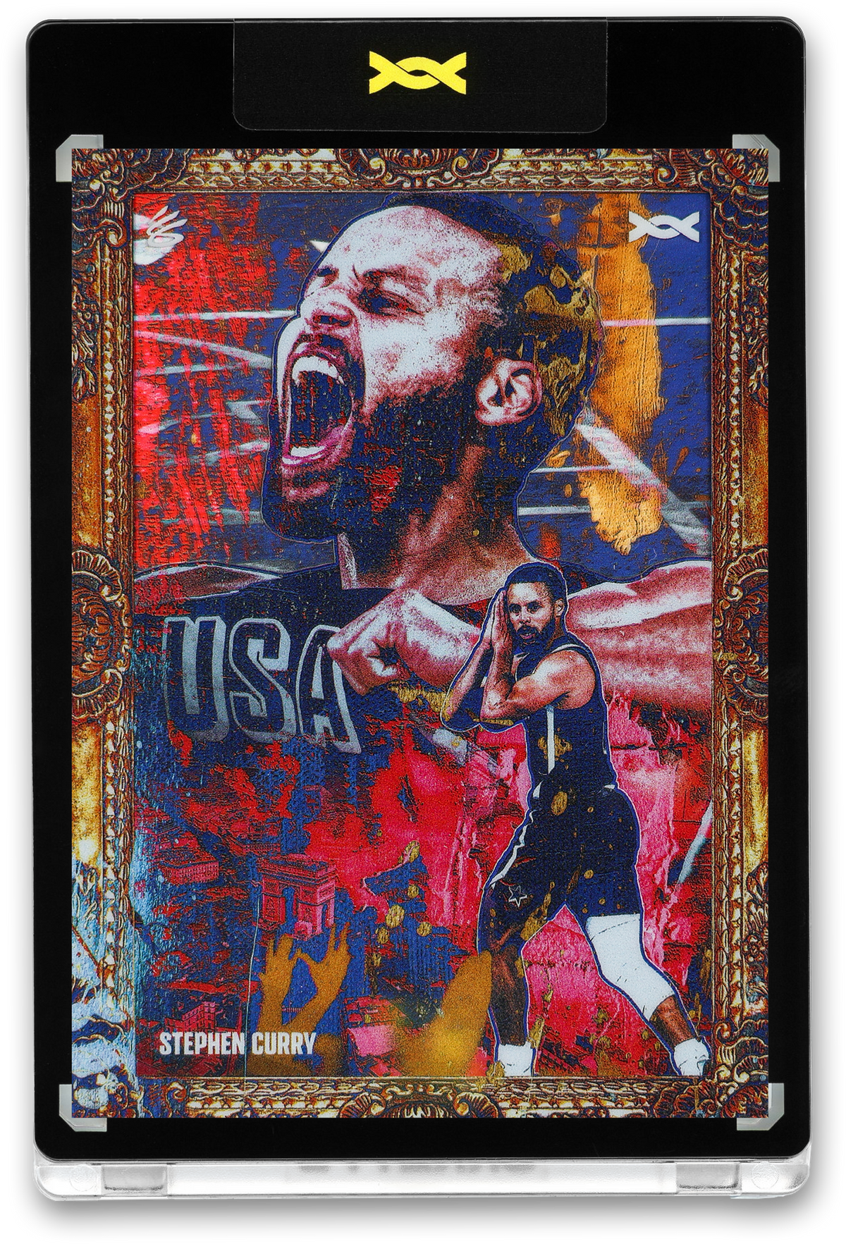 A stylized sports trading card featuring Stephen Curry in a dramatic, artistic collage design. The image shows a large, intense close-up of Curry shouting in the background, overlaid with bold red and blue paint-like textures. In the foreground, a smaller full-body image shows him in a dark USA basketball uniform, holding a basketball in a shooting stance. The card has an ornate gold frame border, abstract splashes of red and gold, and the name “Stephen Curry” printed near the bottom.