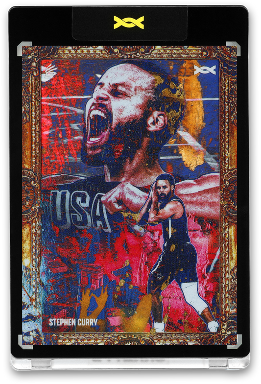 A stylized sports trading card featuring Stephen Curry in a dramatic, artistic collage design. The image shows a large, intense close-up of Curry shouting in the background, overlaid with bold red and blue paint-like textures. In the foreground, a smaller full-body image shows him in a dark USA basketball uniform, holding a basketball in a shooting stance. The card has an ornate gold frame border, abstract splashes of red and gold, and the name “Stephen Curry” printed near the bottom.