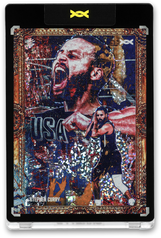 A holographic Stephen Curry trading card displayed in a black holder with a gold emblem at the top. The card features an ornate gold frame and a layered collage design: a large, expressive close-up of Curry shouting in the background over red and blue abstract textures, with “USA” partially visible. In the foreground, a smaller full-body image shows him in a dark USA basketball uniform preparing to shoot. Reflective foil confetti effects shimmer across the surface, and his name, “Stephen Curry,” appears nea