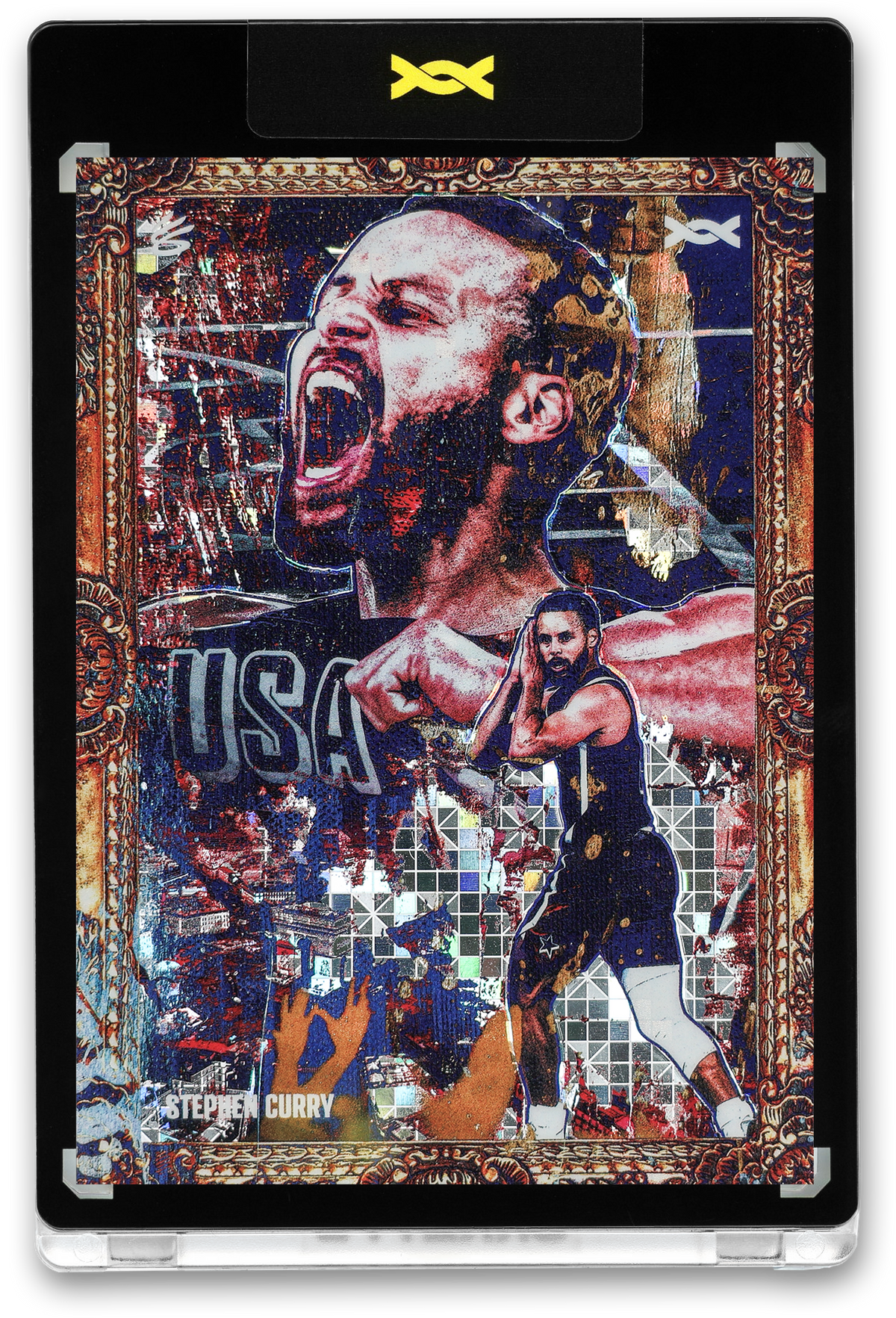 The front and back of a limited edition 1/3 Stephen Curry "Golden Dagger" trading card by Orrett's, commemorating the Paris 2024 Olympic gold medal game. The front features a vibrant, artistic montage of Curry shouting in a Team USA jersey and performing his "night night" celebration within an ornate gold frame. The back displays a stylized illustration of Curry’s jump shot, detailed text about his game-sealing three-pointers against France, and official licensing information.