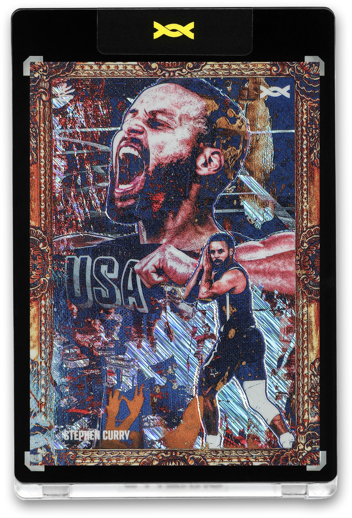 A front and back view of a limited edition 1/3 Stephen Curry "Golden Dagger" trading card by Orrett’s, celebrating the Paris 2024 Olympic gold medal game. The front features a vibrant montage of Curry in his Team USA jersey, including his "night night" celebration within an ornate gold frame. The back displays a stylized illustration of his jump shot alongside text detailing his eight three-pointers in the 98-87 victory over France.