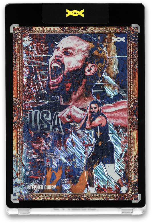 A front and back view of a limited edition 1/3 Stephen Curry "Golden Dagger" trading card by Orrett’s, celebrating the Paris 2024 Olympic gold medal game. The front features a vibrant montage of Curry in his Team USA jersey, including his "night night" celebration within an ornate gold frame. The back displays a stylized illustration of his jump shot alongside text detailing his eight three-pointers in the 98-87 victory over France.