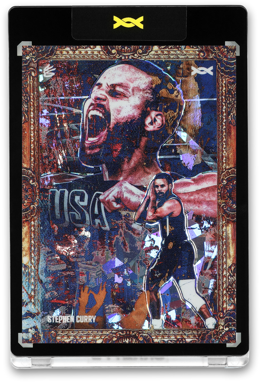 The front and back of a limited edition 1/3 Stephen Curry "Golden Dagger" trading card by Orrett's, commemorating the Paris 2024 Olympic gold medal game. The front displays a colorful montage of Curry in his Team USA jersey, featuring his "night night" celebration within an ornate gold frame. The back features a stylized illustration of his jump shot alongside text detailing his eight three-pointers in the 98-87 victory over France, marked with card codes OSC7-12, OSC7-13, or OSC7-14.