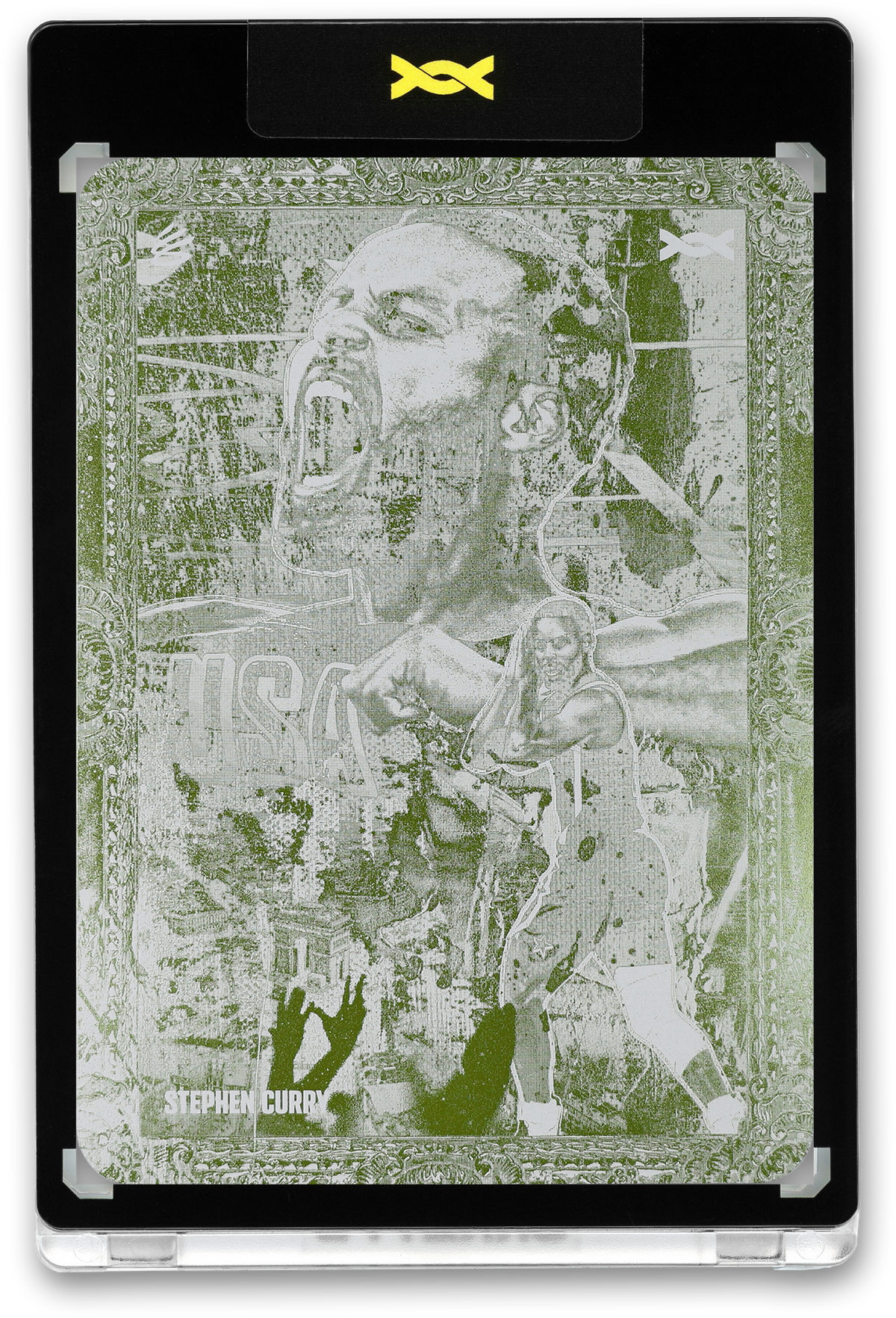 A dual-view display showcases an officially licensed Stephen Curry "Golden Dagger" trading card by Orrett's, commemorating the Paris 2024 Olympic gold medal game. The front features a vibrant montage of Curry’s "night night" celebration within an ornate gold frame. The reverse side illustrates his jump shot and details his eight three-pointers in the 98–87 victory over France, labeled with card codes OSC7-12, OSC7-13, or OSC7-14.