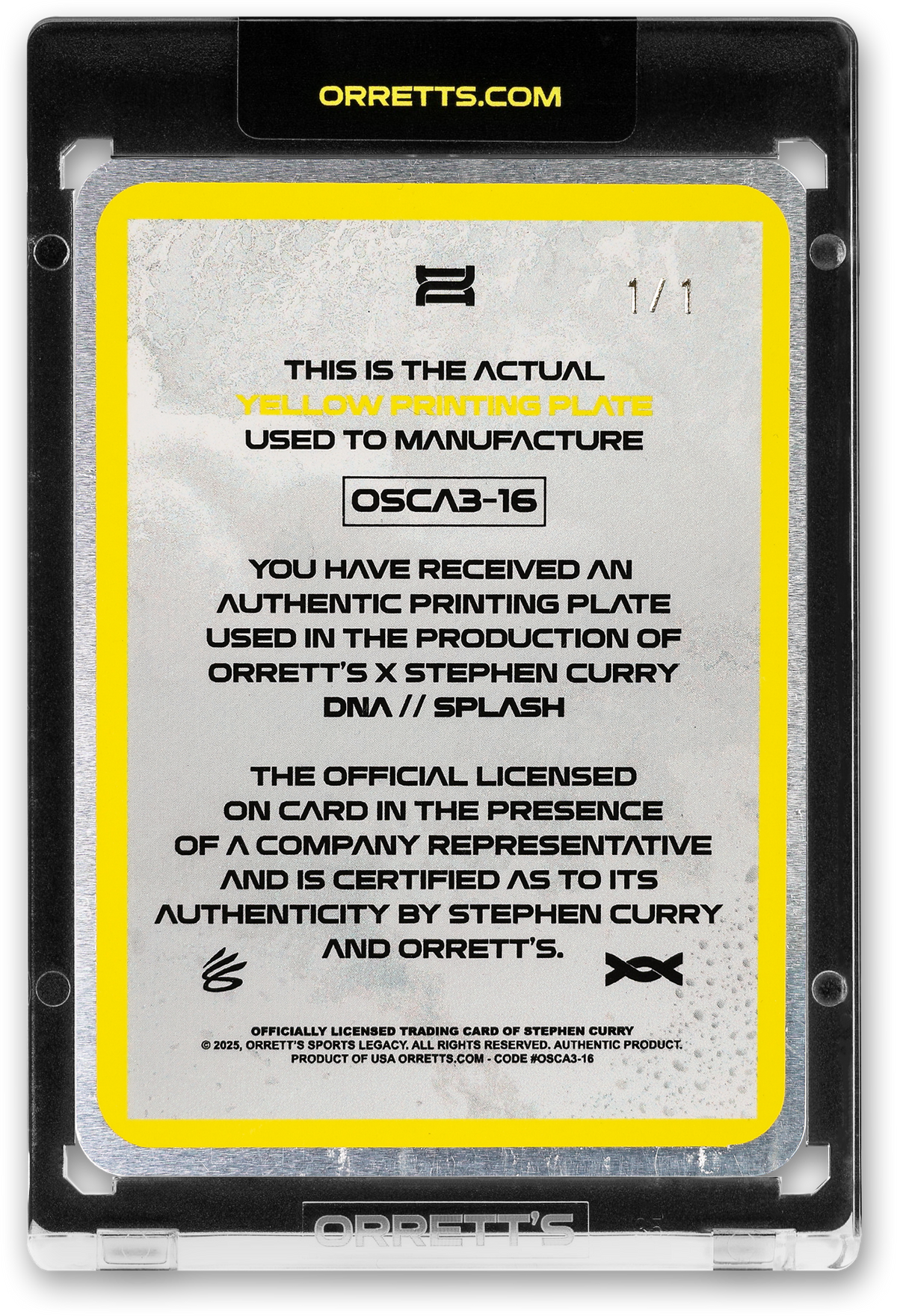 STEPHEN CURRY - ICDAT - SPLASH - DNA - YELLOW PRINTING PLATE - AUTOGRAPH - LE/1 - ORRETT’S