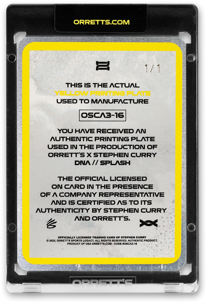 STEPHEN CURRY - ICDAT - SPLASH - DNA - YELLOW PRINTING PLATE - AUTOGRAPH - LE/1 - ORRETT’S
