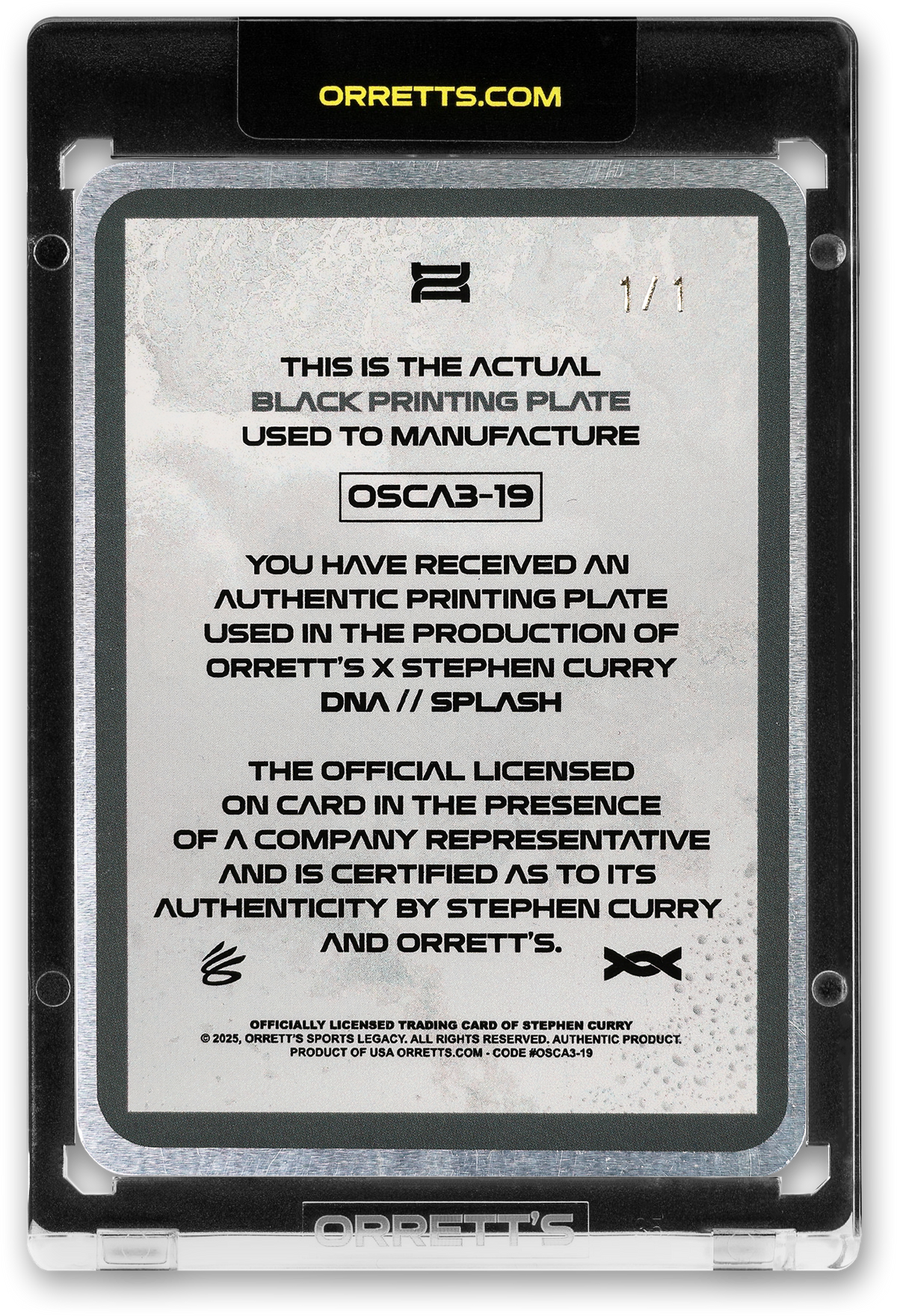 STEPHEN CURRY - ICDAT - SPLASH - DNA - BLACK PRINTING PLATE - AUTOGRAPH - LE/1 - ORRETT’S