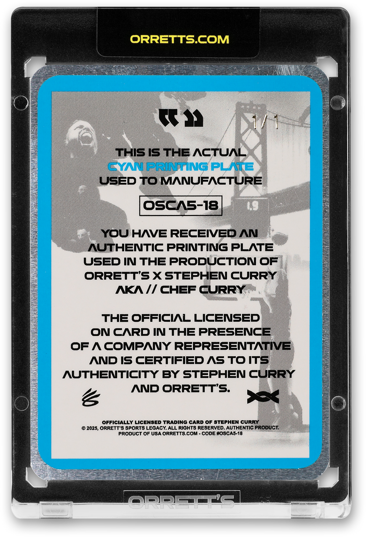 STEPHEN CURRY - ICDAT - CHEF CURRY - AKA - CYAN PRINTING PLATE - AUTOGRAPH - LE/1 - ORRETT’S