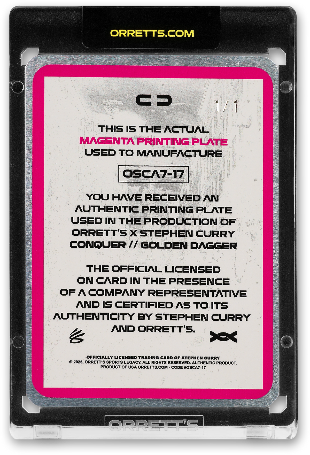 STEPHEN CURRY - ICDAT - GOLDEN DAGGER - CONQUER - MAGENTA PRINTING PLATE - AUTOGRAPH - LE/1 - ORRETT’S