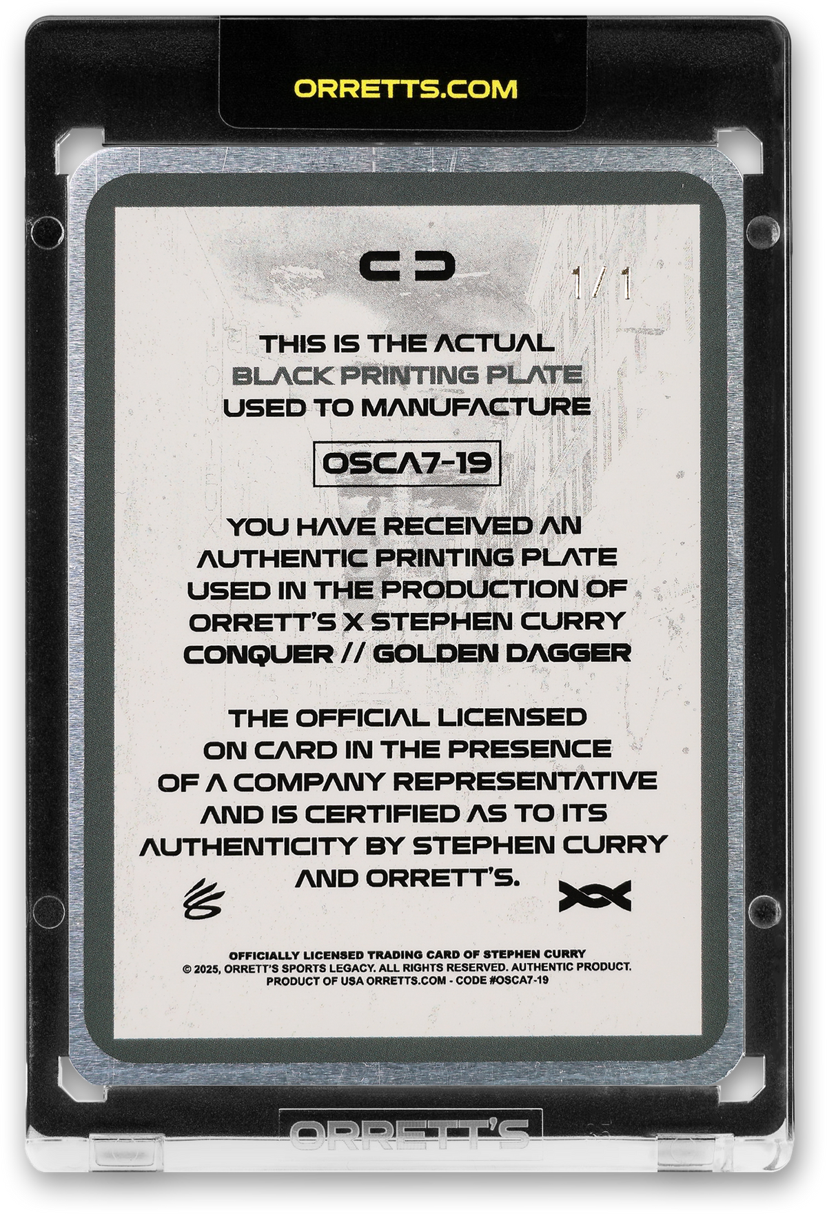 STEPHEN CURRY - ICDAT - GOLDEN DAGGER - CONQUER - BLACK PRINTING PLATE - AUTOGRAPH - LE/1 - ORRETT’S