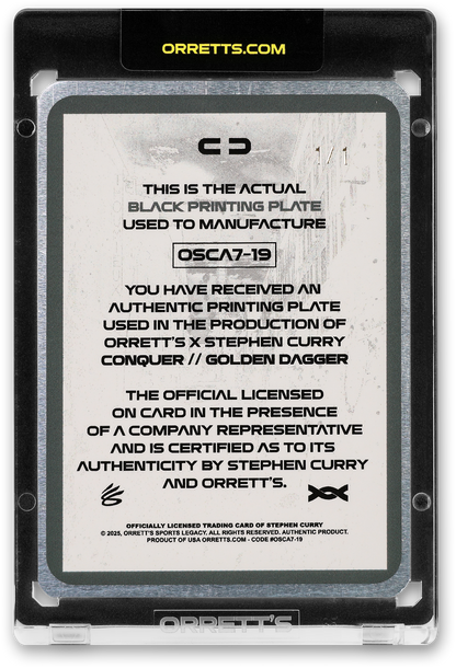 STEPHEN CURRY - ICDAT - GOLDEN DAGGER - CONQUER - BLACK PRINTING PLATE - AUTOGRAPH - LE/1 - ORRETT’S
