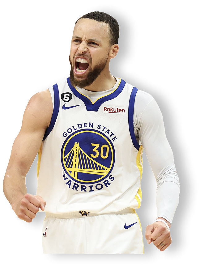 A color photo of Stephen Curry celebrating enthusiastically with a yell and clenched fists. He is wearing a white Golden State Warriors jersey with the number 30 and an arm sleeve on his right arm. The background is transparent.