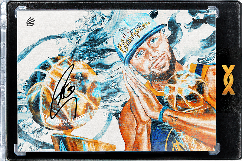 A glossy trading card sealed in a black protective case. The card features custom artwork of Stephen Curry, who is wearing a "21-22 Champions" cap and a Warriors jersey while holding the NBA Trophy. The card has a black permanent marker signature and a printed "SC" logo. The case displays a gold ORRETTS logo on the right side.