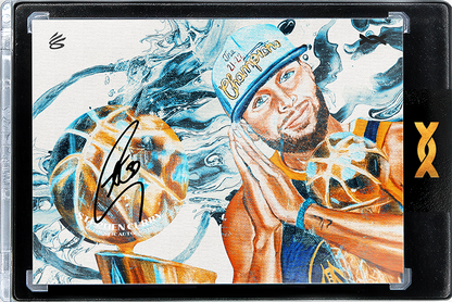 A glossy trading card sealed in a black protective case. The card features custom artwork of Stephen Curry, who is wearing a "21-22 Champions" cap and a Warriors jersey while holding the NBA Trophy. The card has a black permanent marker signature and a printed "SC" logo. The case displays a gold ORRETTS logo on the right side.