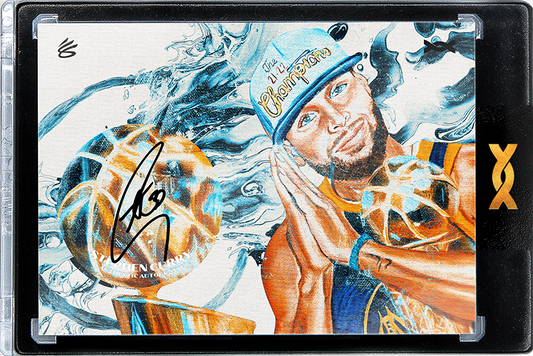 A glossy trading card sealed in a black protective case. The card features custom artwork of Stephen Curry, who is wearing a "21-22 Champions" cap and a Warriors jersey while holding the NBA Trophy. The card has a black permanent marker signature and a printed "SC" logo. The case displays a gold ORRETTS logo on the right side.